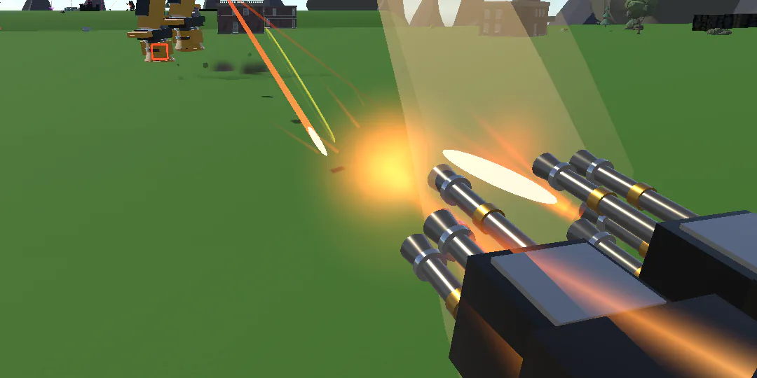 Over the Hero's shoulder, its guns firing at a distant machine