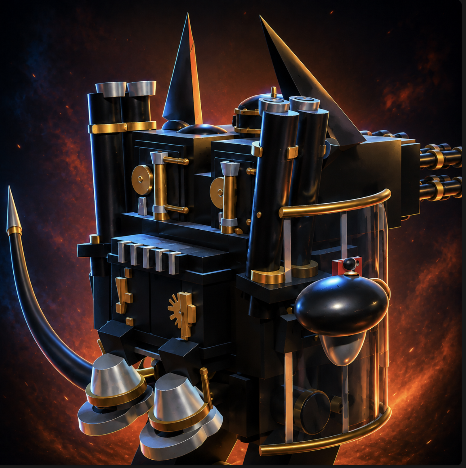 Promotional artwork of a black-and-gold cat-shaped war machine against glowing embers